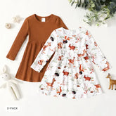 Patpat Toddler Girl 2pcs Solid Color & Animal Print Dress brown